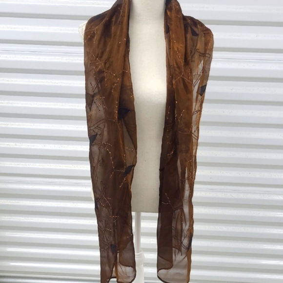 Scarf Adorned W Silk Appliques Embroidery Sequins Copper Chiffon - Picture 11 of 11